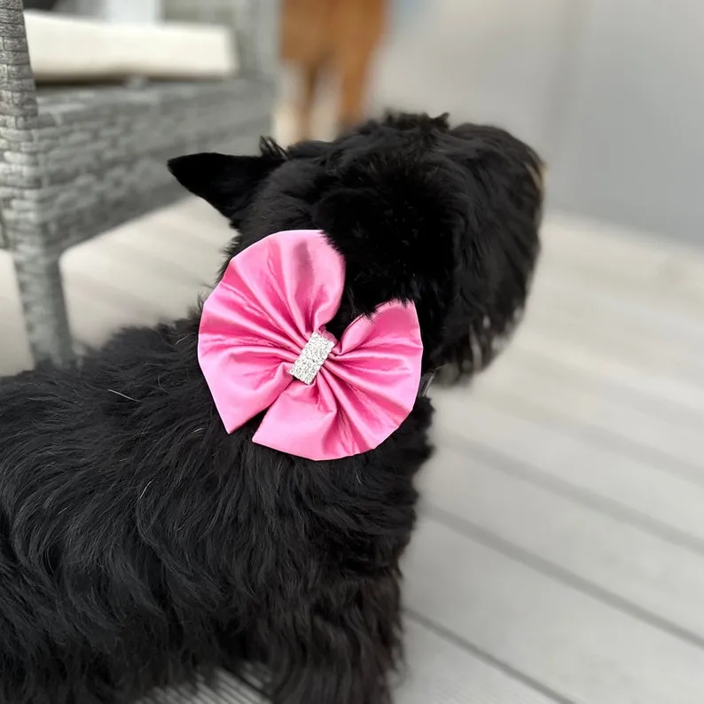 Pink bow for a dog with rhinestones, slide on pet bowtie for collar - Image 2